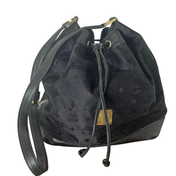 Vintage MCM Bag Black Nylon with Leather Trim Visetos Drawstring Bucket Bag - Picture 1 of 15